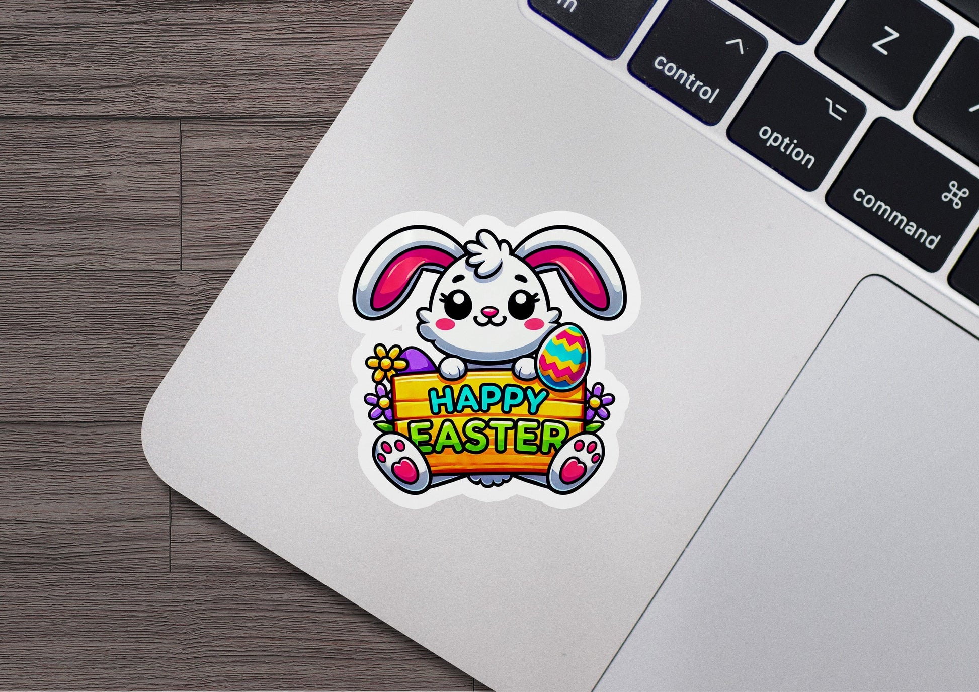 a laptop with a sticker of an easter bunny