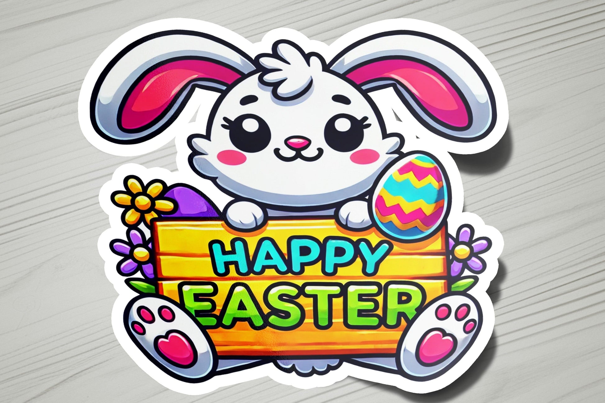 a sticker of a bunny holding a sign that says happy easter