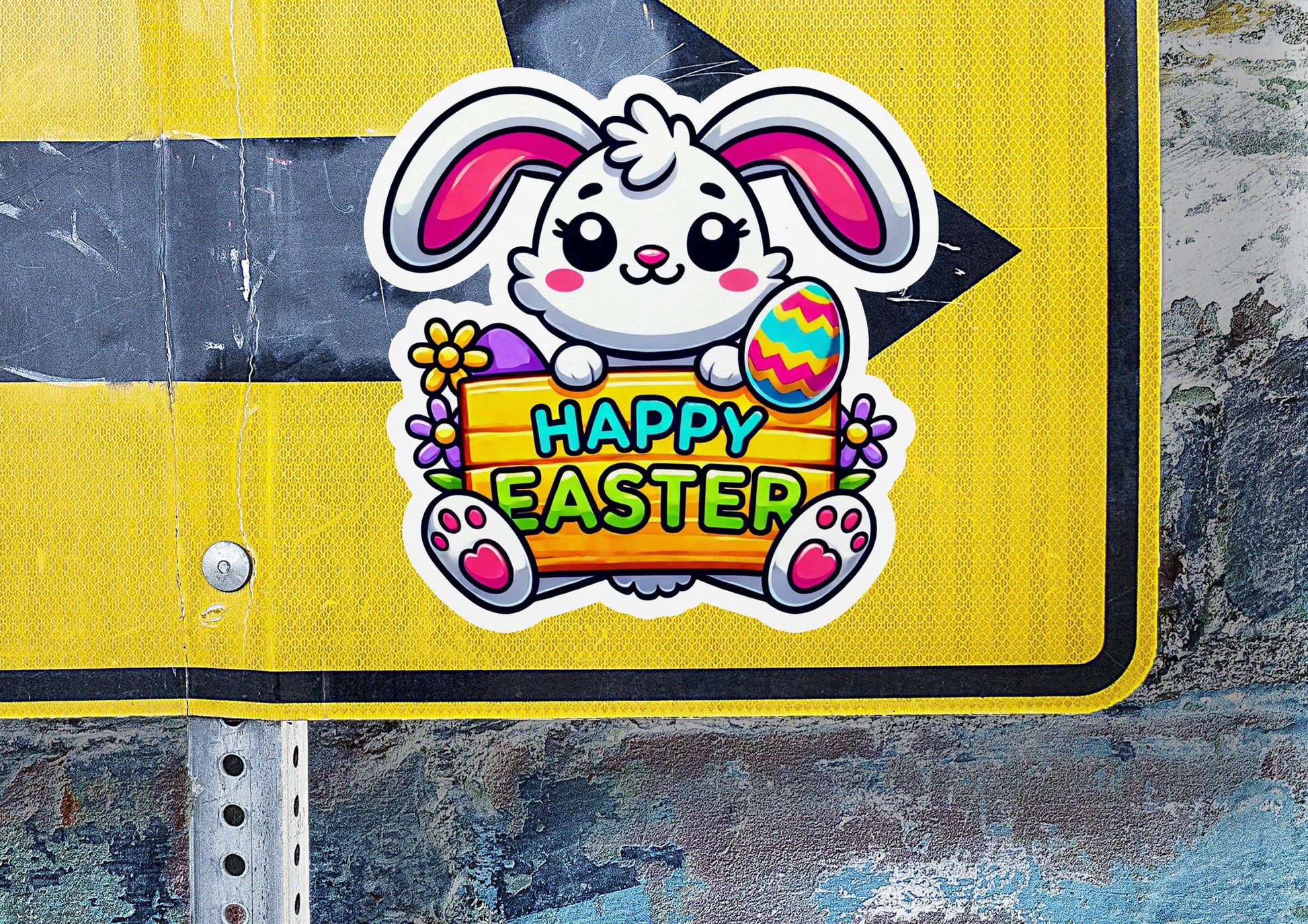 a sticker of a bunny holding a sign that says happy easter