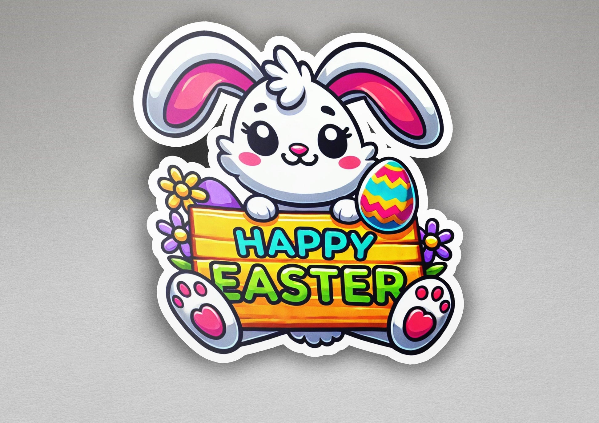 a sticker of a bunny holding a sign that says happy easter