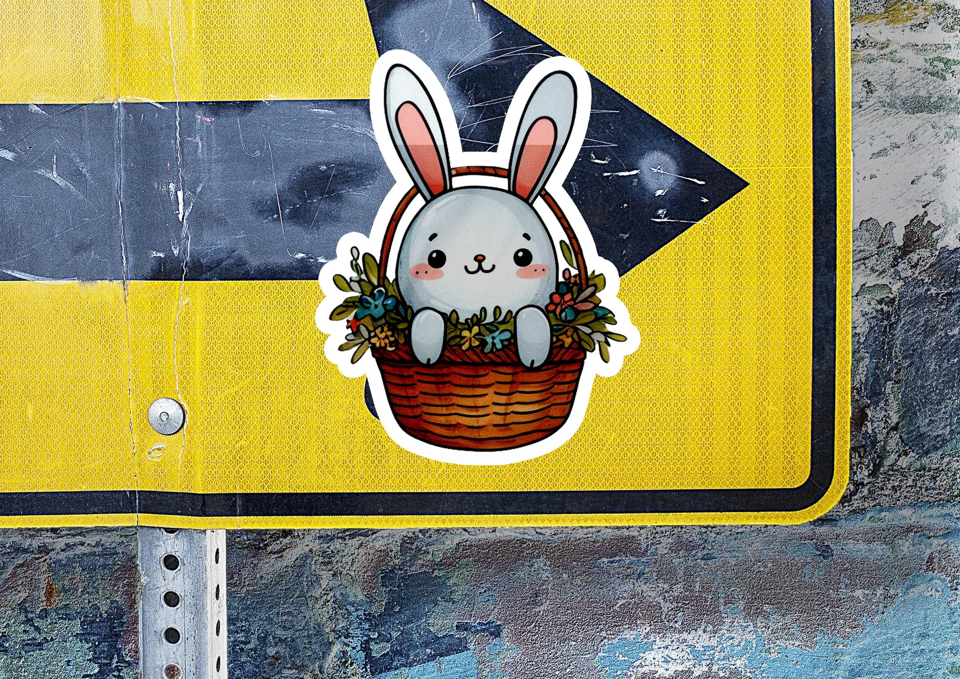 a sticker of a rabbit sitting in a basket