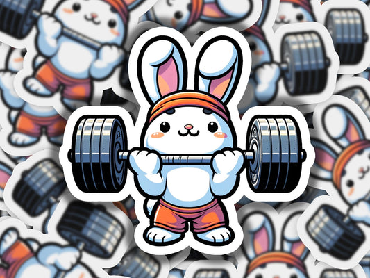 a sticker of a rabbit holding a barbell