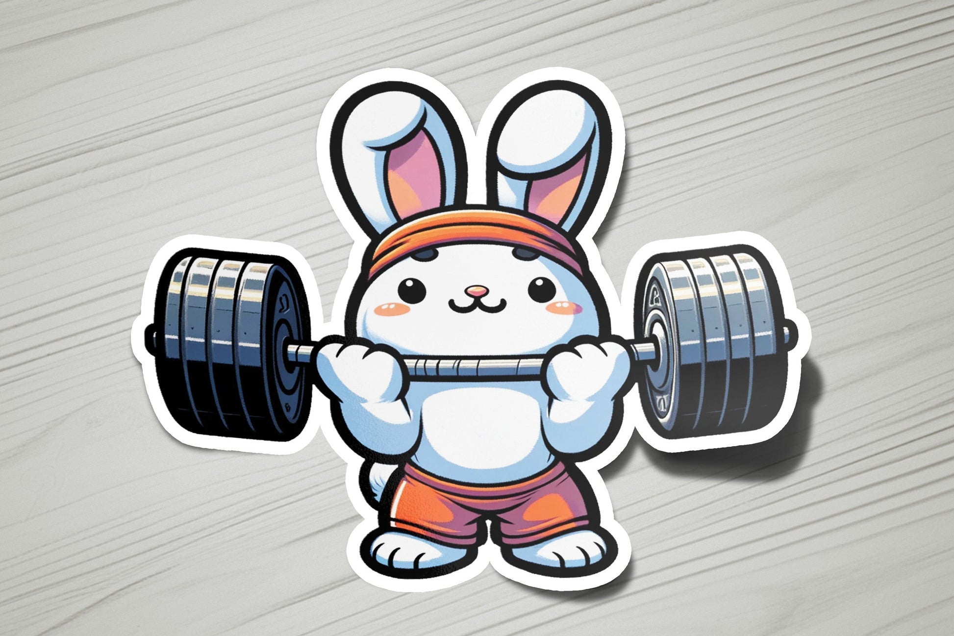 a sticker of a rabbit holding a barbell
