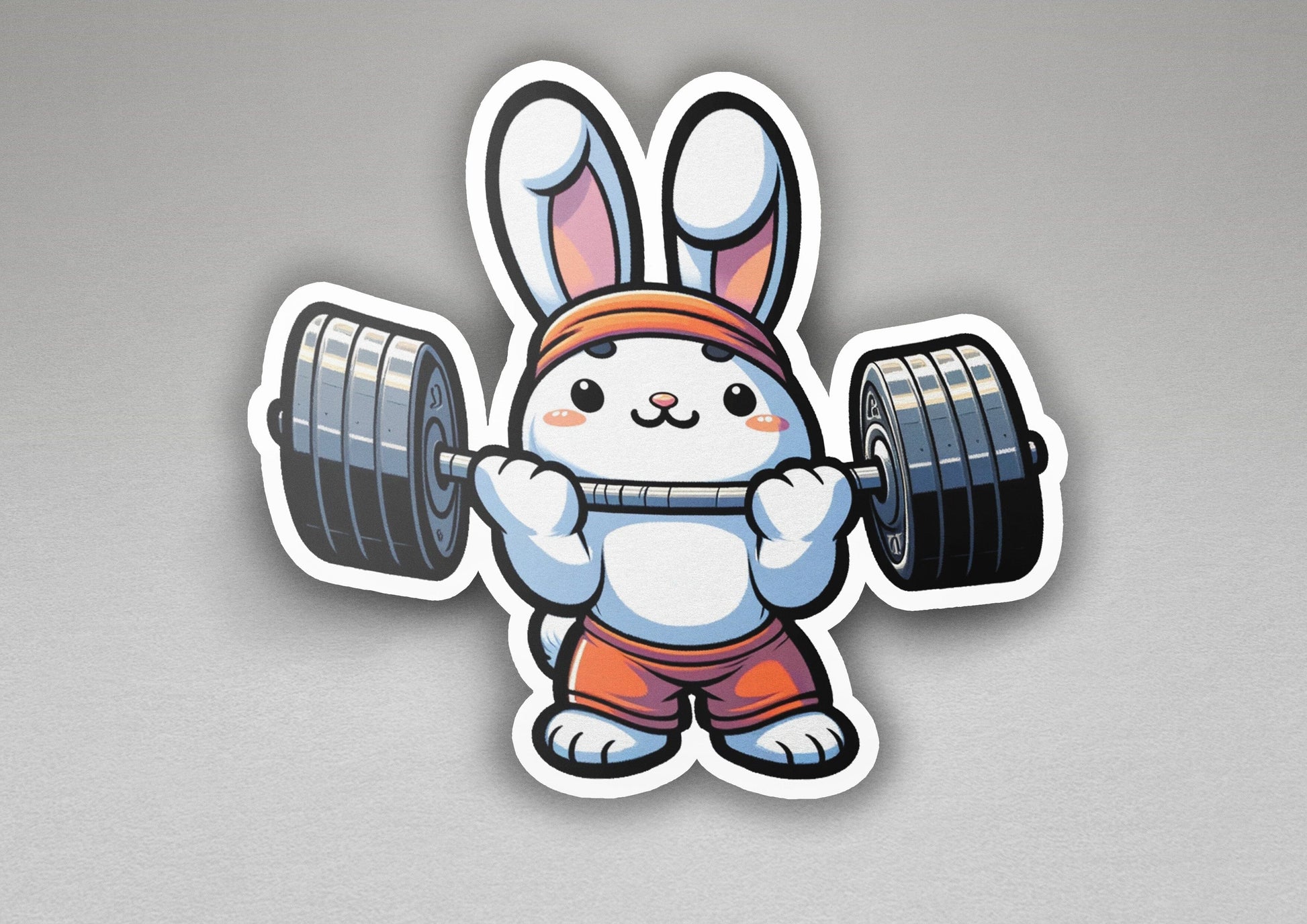 a sticker of a rabbit holding a barbell