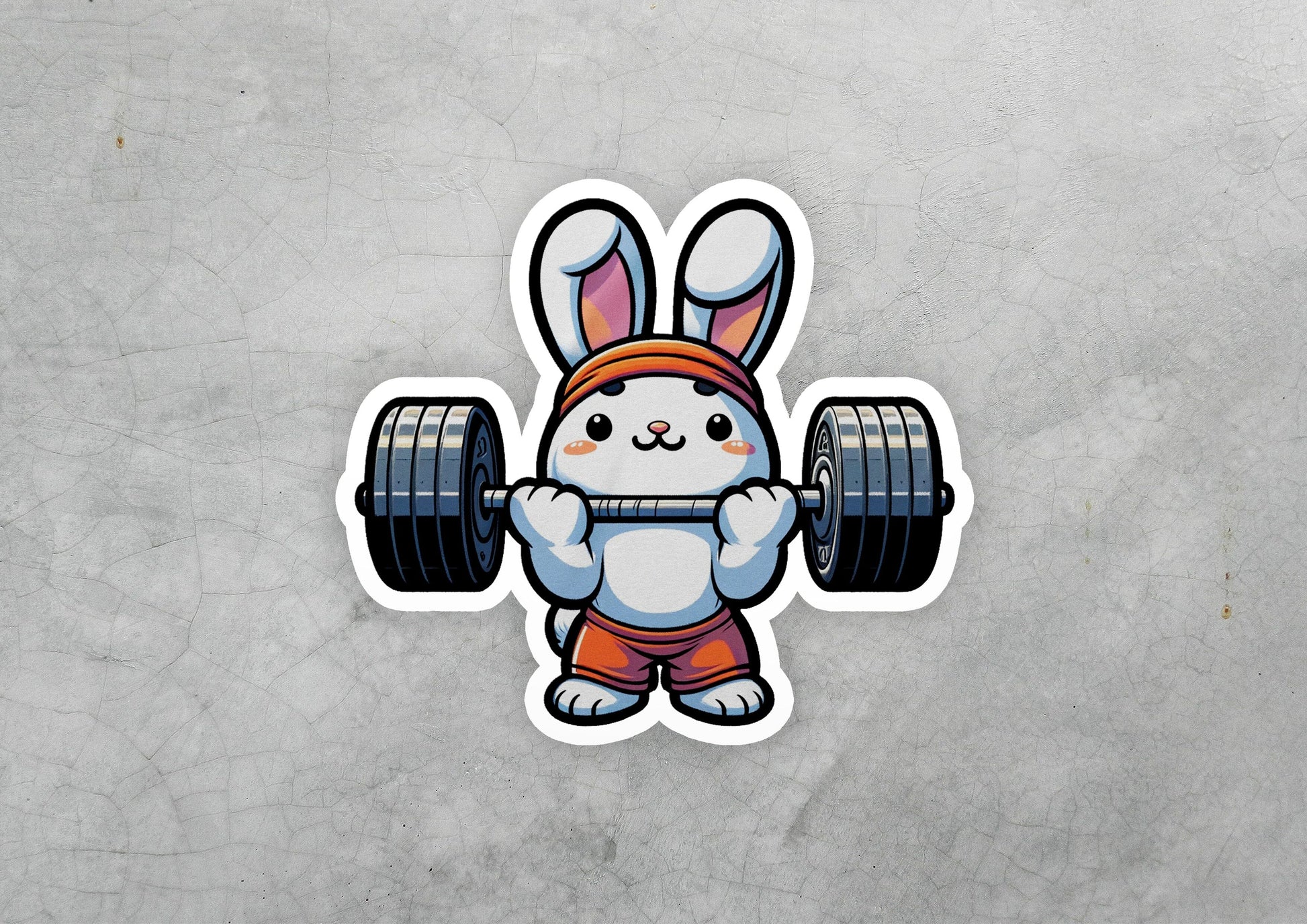 a sticker of a rabbit holding a barbell