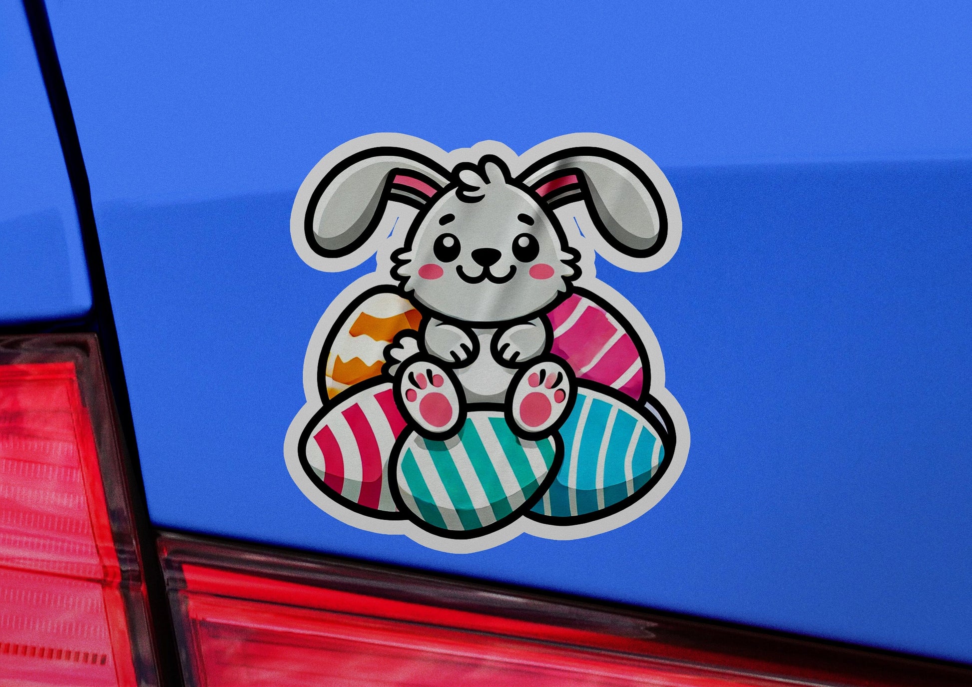 a car with a sticker of a bunny on it