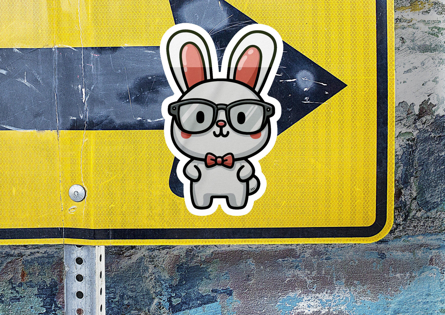 a sticker of a bunny wearing glasses and a bow tie