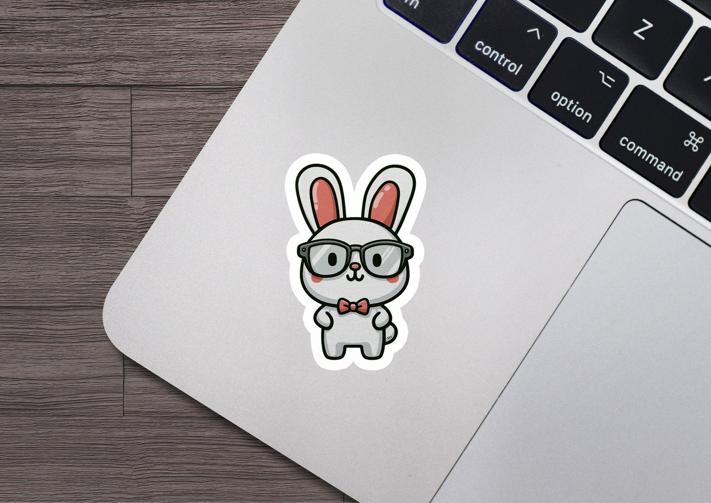 a laptop with a sticker of a bunny wearing glasses