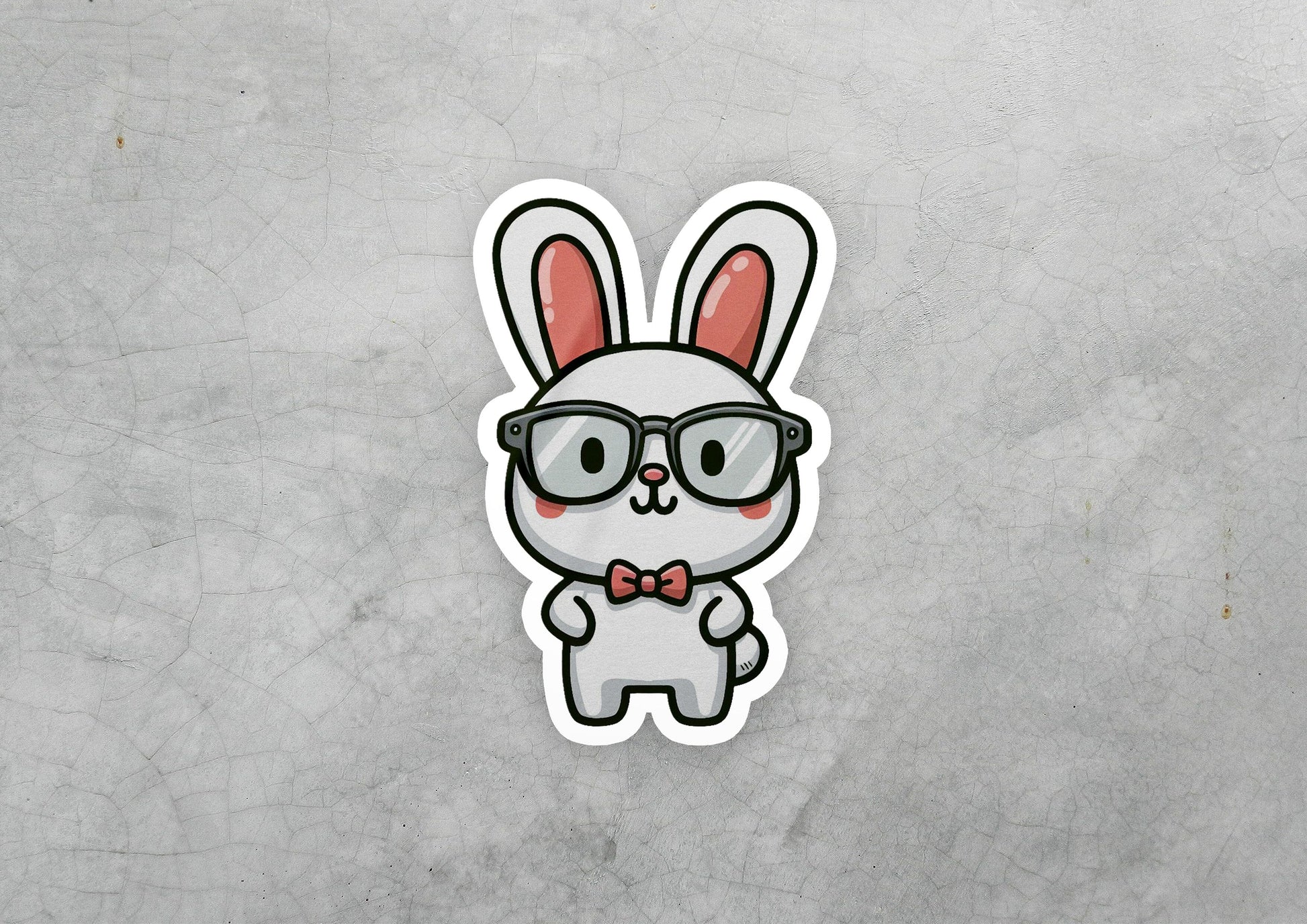 a sticker of a bunny wearing glasses and a bow tie