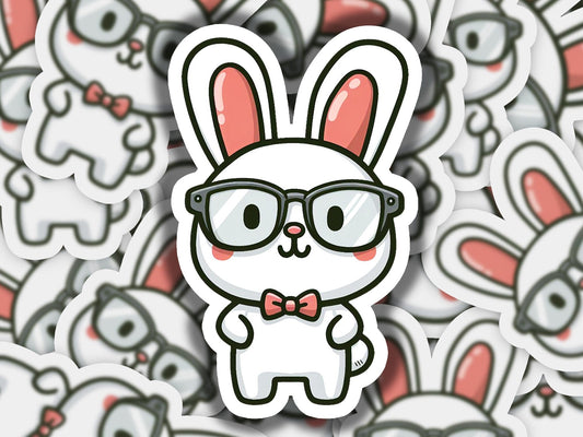 a sticker of a bunny wearing glasses and a bow tie