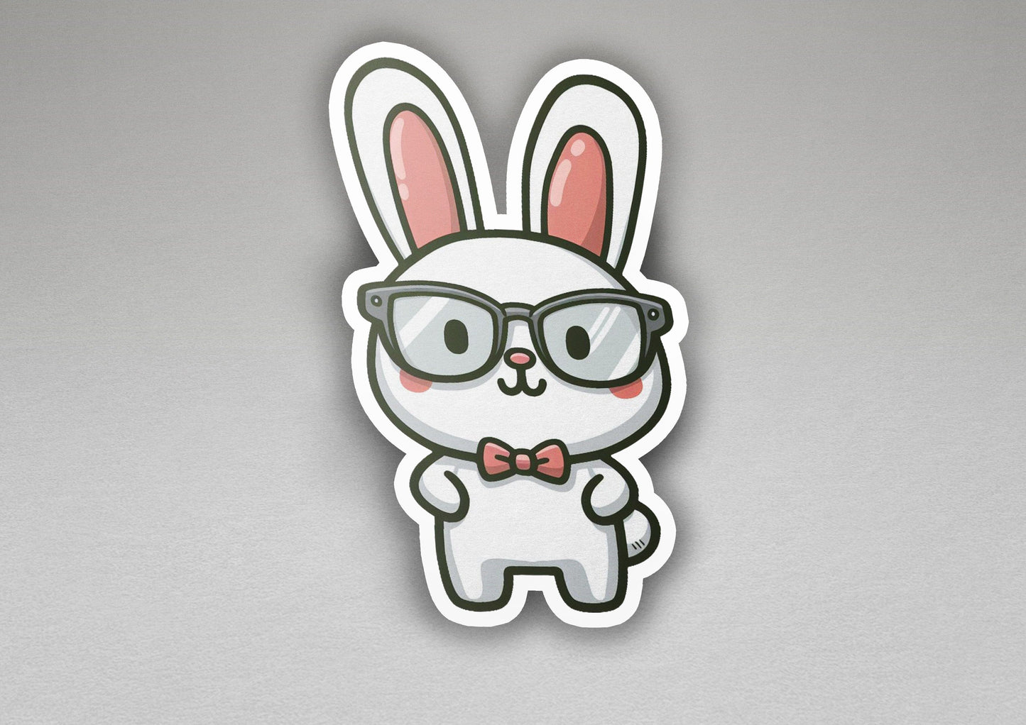 a sticker of a rabbit wearing glasses and a bow tie