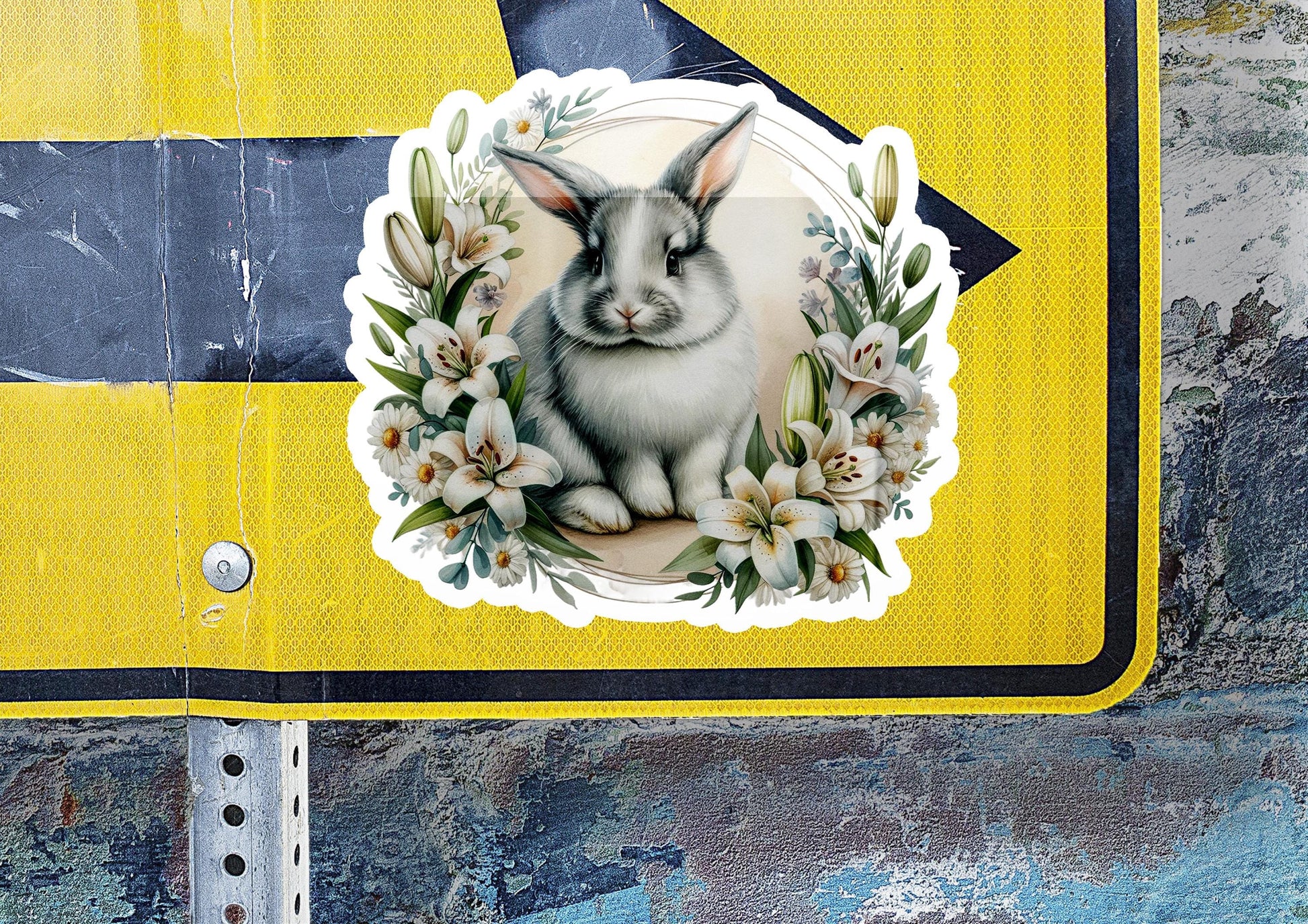 a sticker with a picture of a rabbit on it