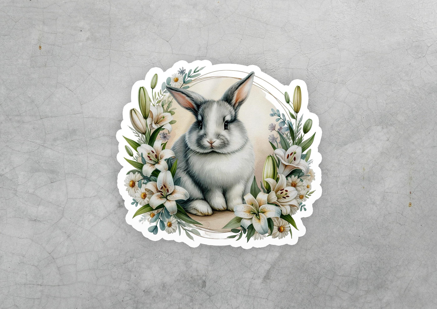 a sticker of a rabbit with flowers around it