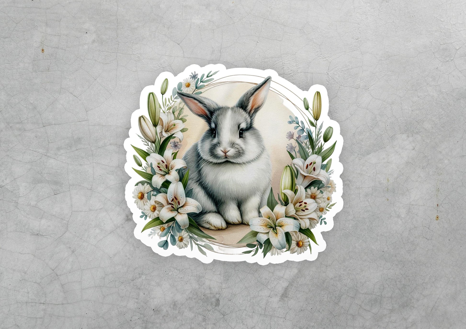 a sticker of a rabbit with flowers around it