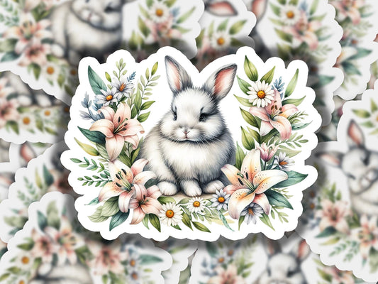 a sticker with a picture of a bunny surrounded by flowers