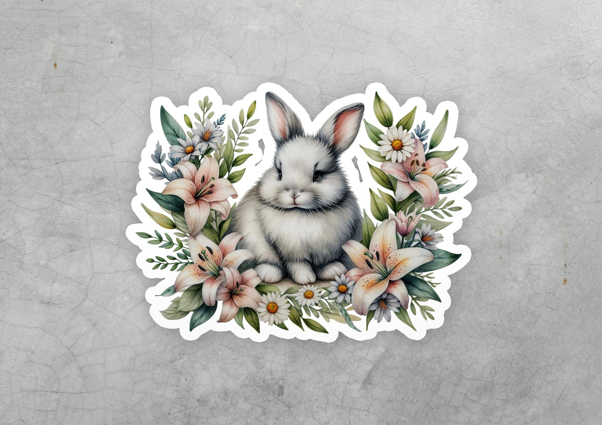a sticker of a rabbit with flowers on it