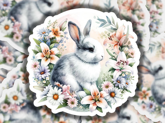 a sticker of a rabbit surrounded by flowers