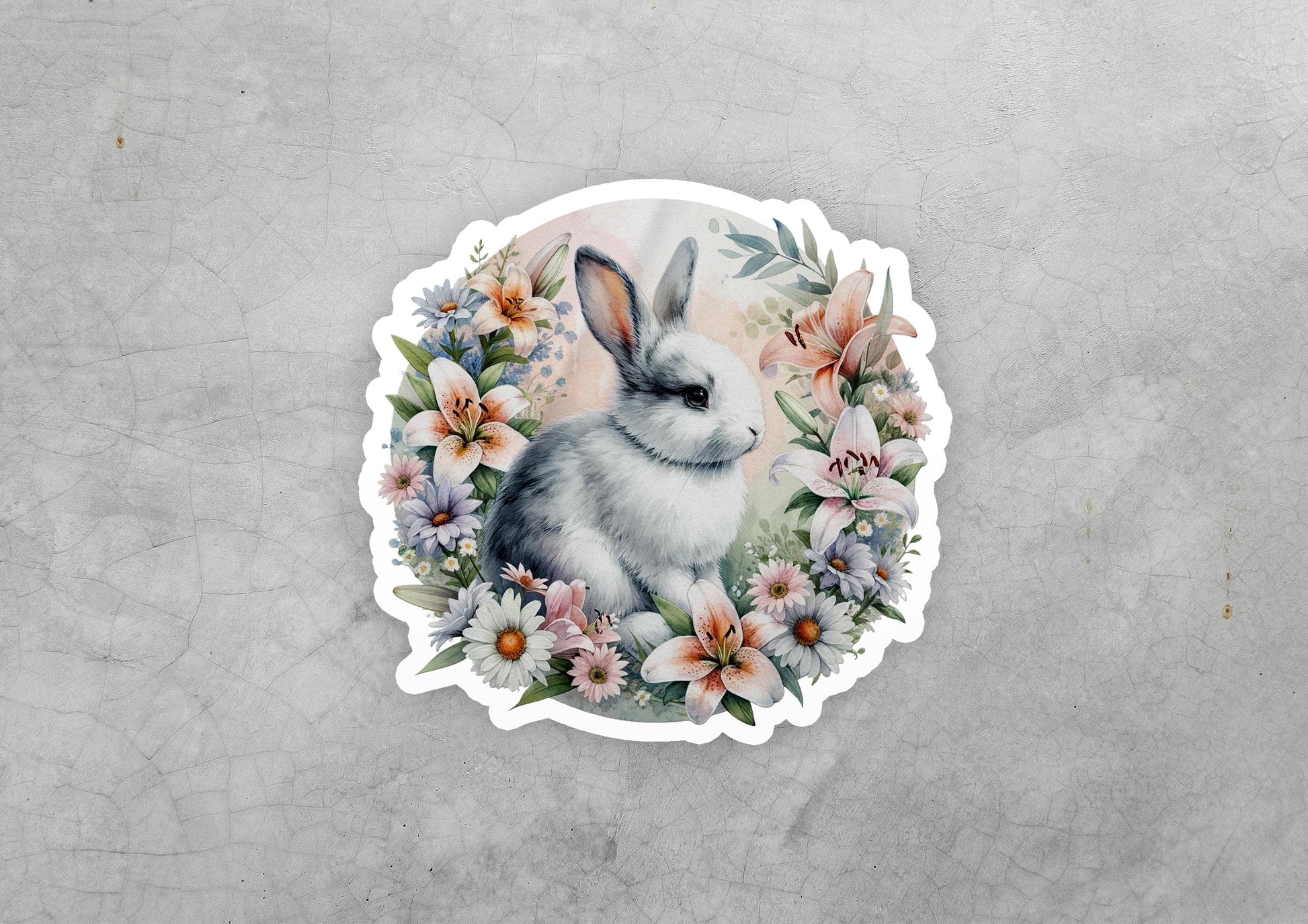 a sticker of a rabbit surrounded by flowers