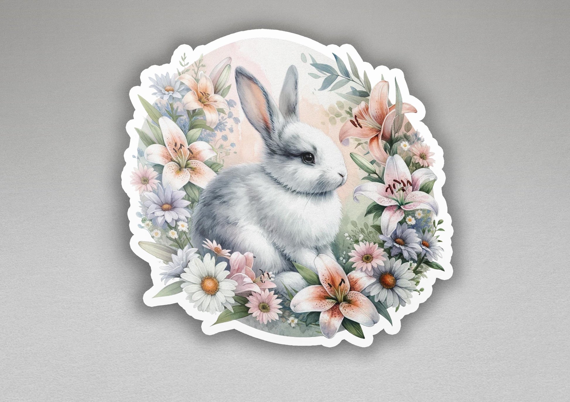 a sticker with a picture of a rabbit surrounded by flowers