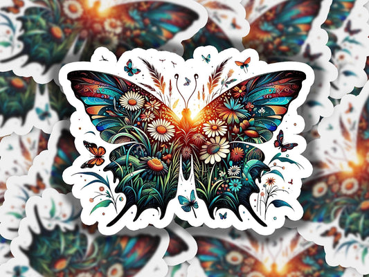 a sticker of a butterfly with flowers on it