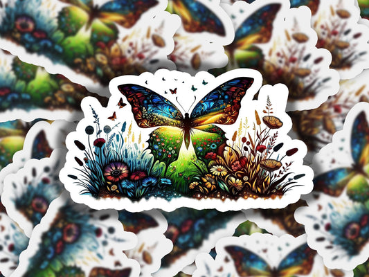 a picture of a butterfly in a field of flowers