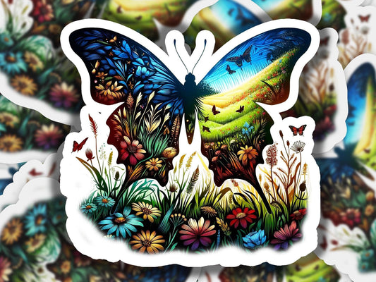 a picture of a butterfly with a field of flowers in the background