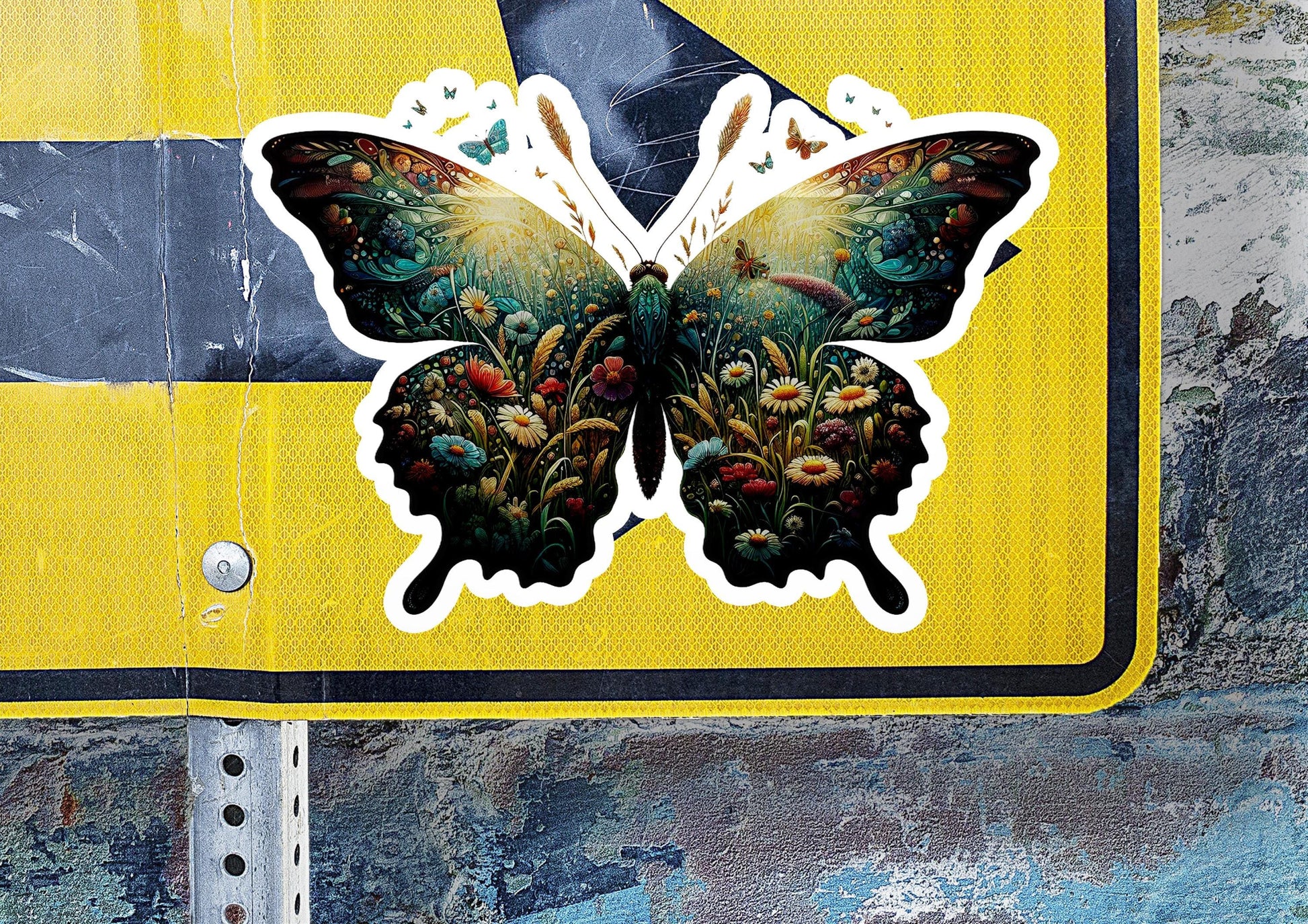 a close up of a street sign with a butterfly on it