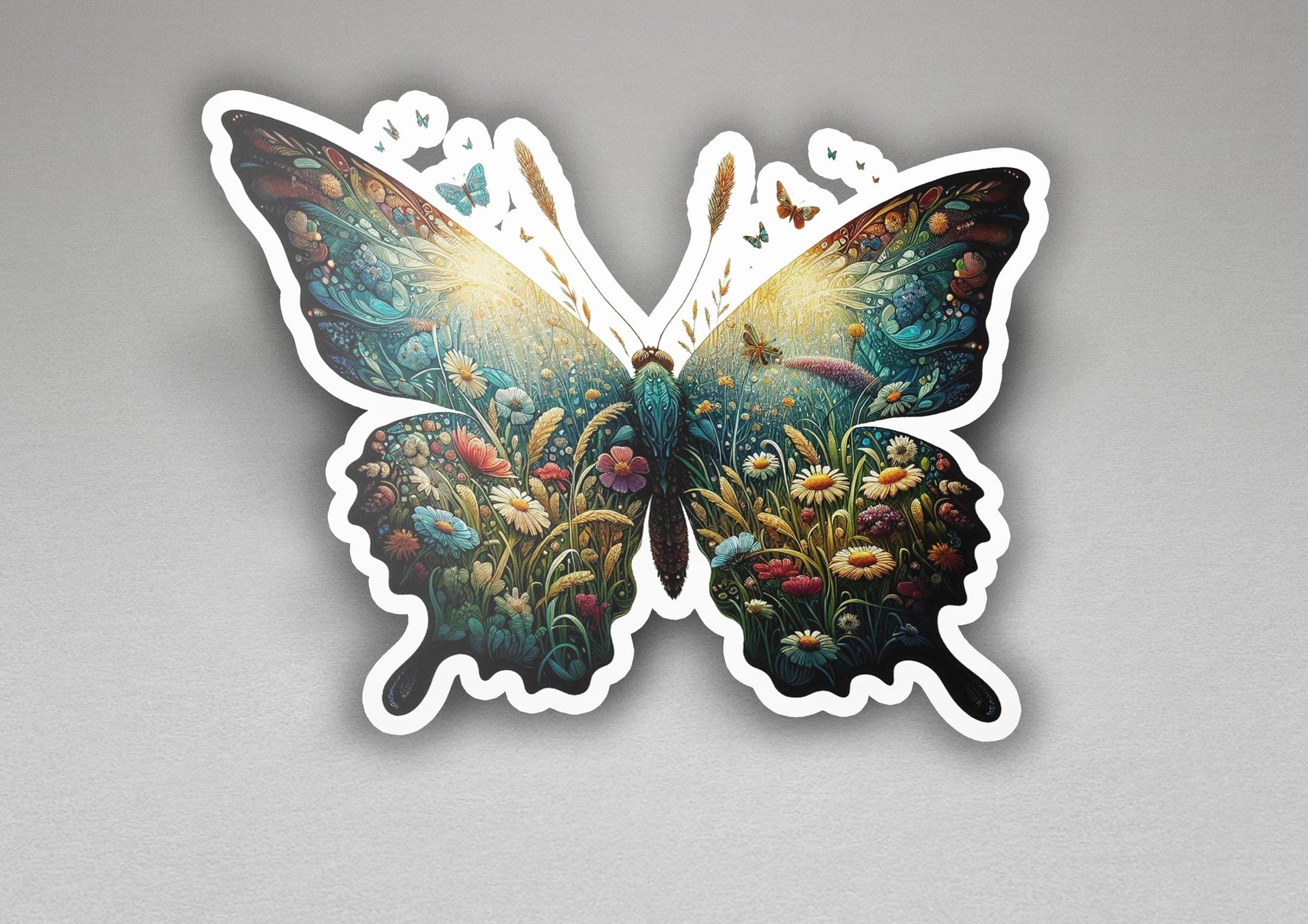 a sticker of a butterfly with flowers on it
