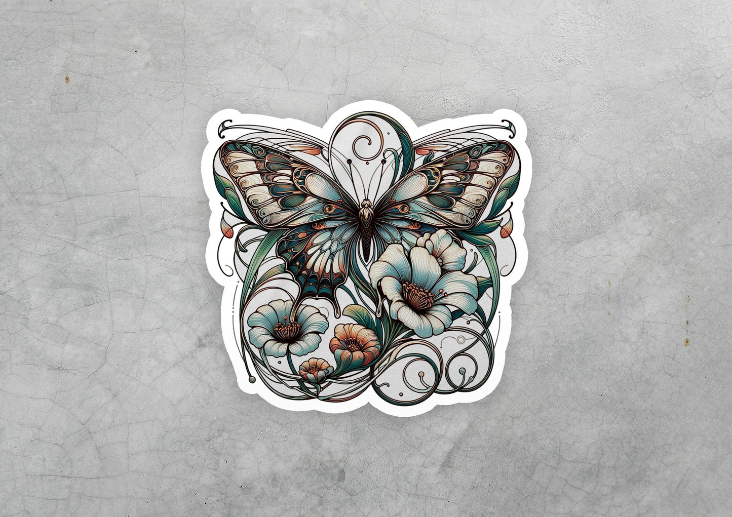 a sticker of a butterfly with flowers on it