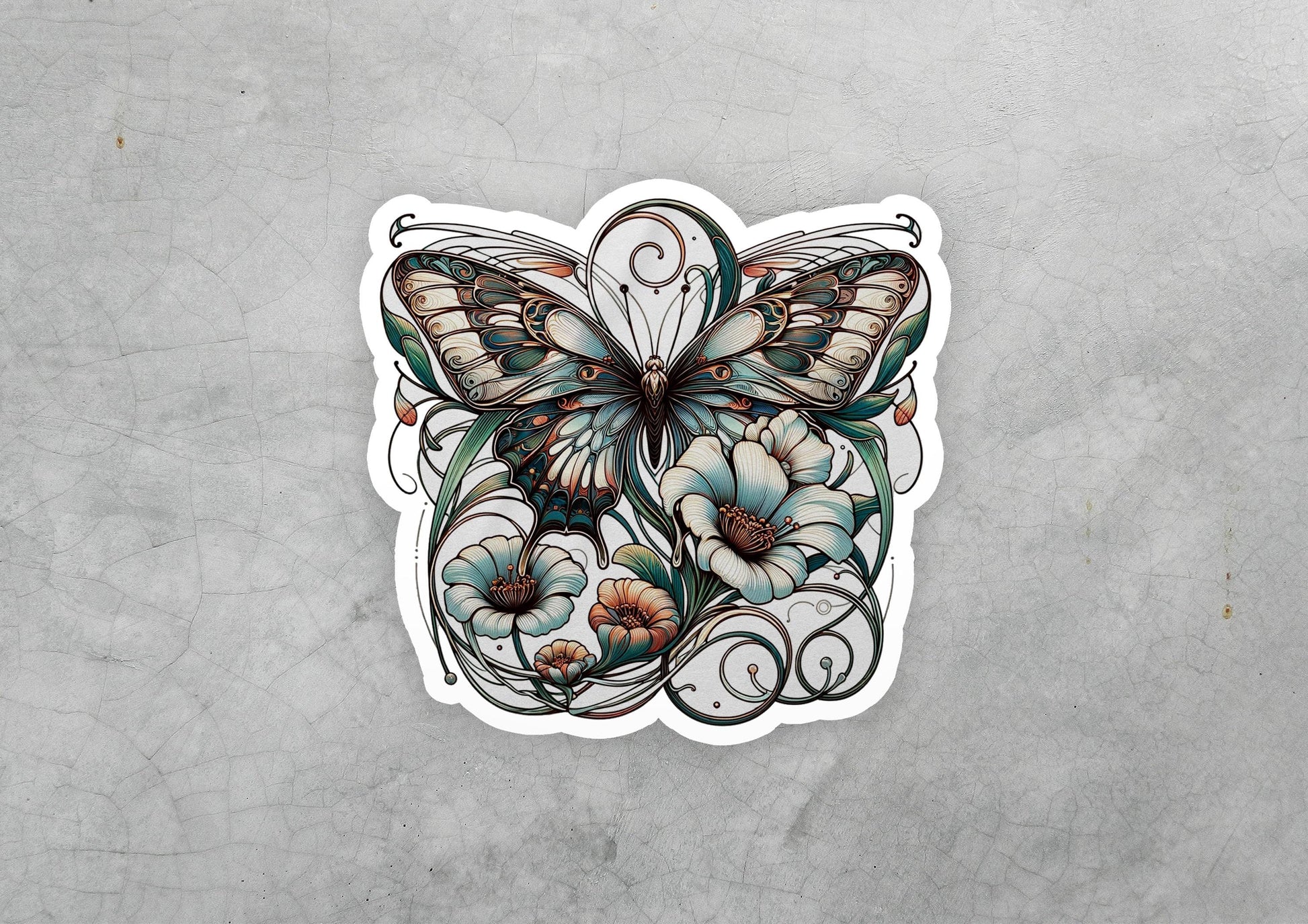 a sticker of a butterfly with flowers on it