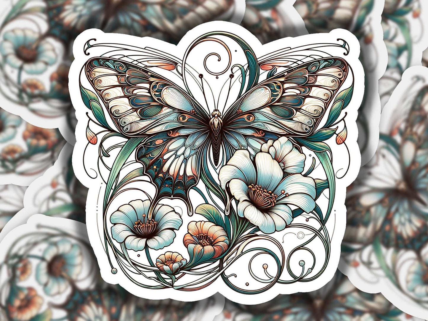 a sticker with a butterfly and flowers on it