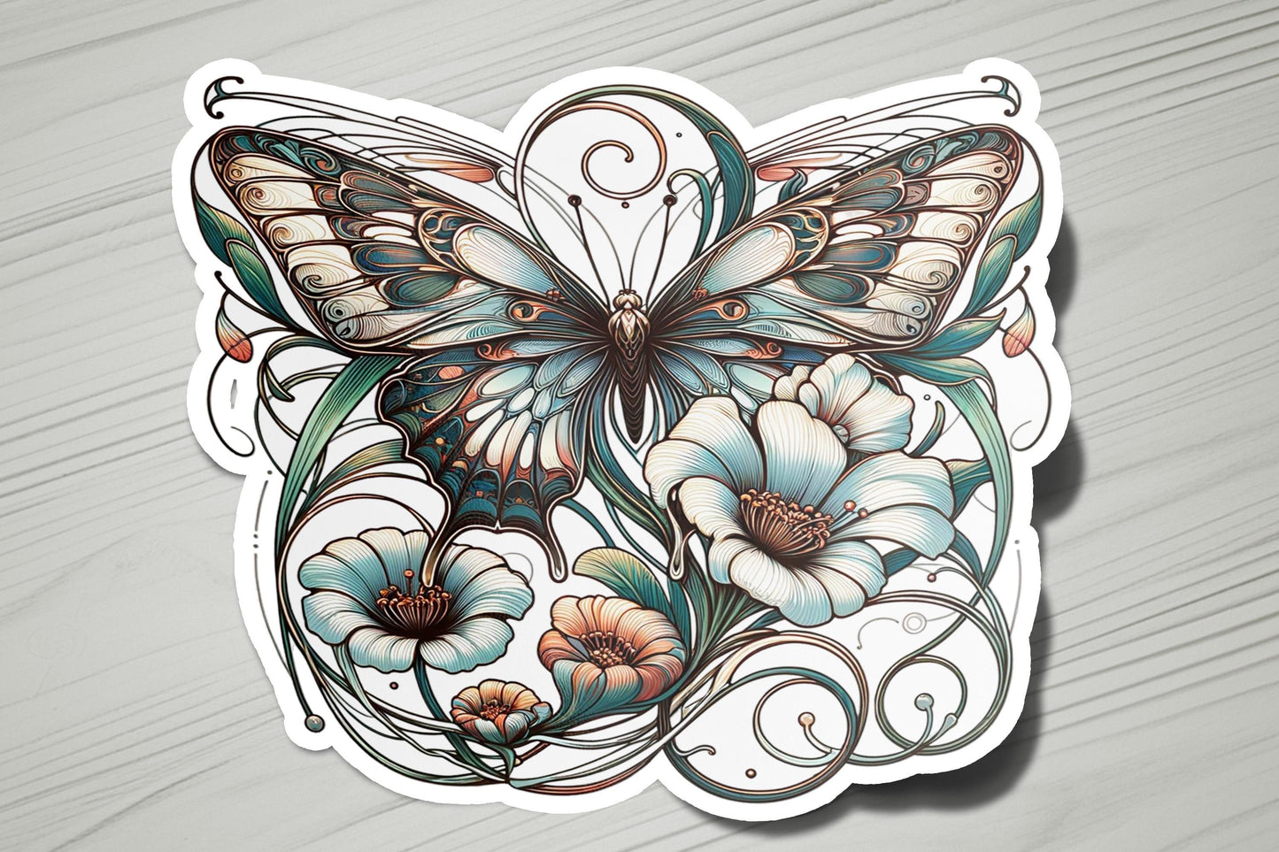 a sticker of a butterfly with flowers on it