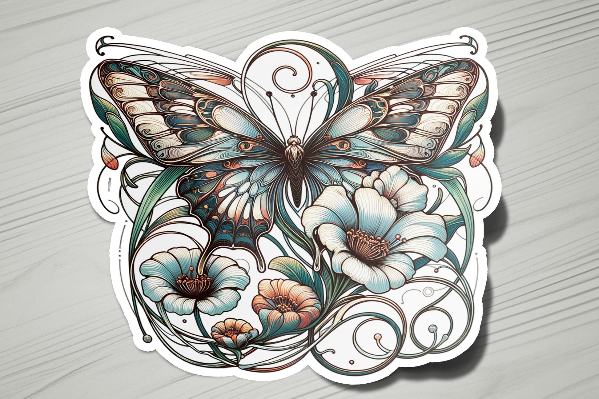 a sticker of a butterfly with flowers on it