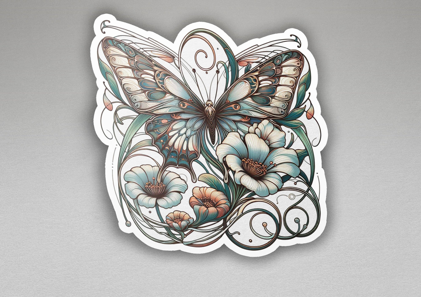 a sticker with a butterfly and flowers on it