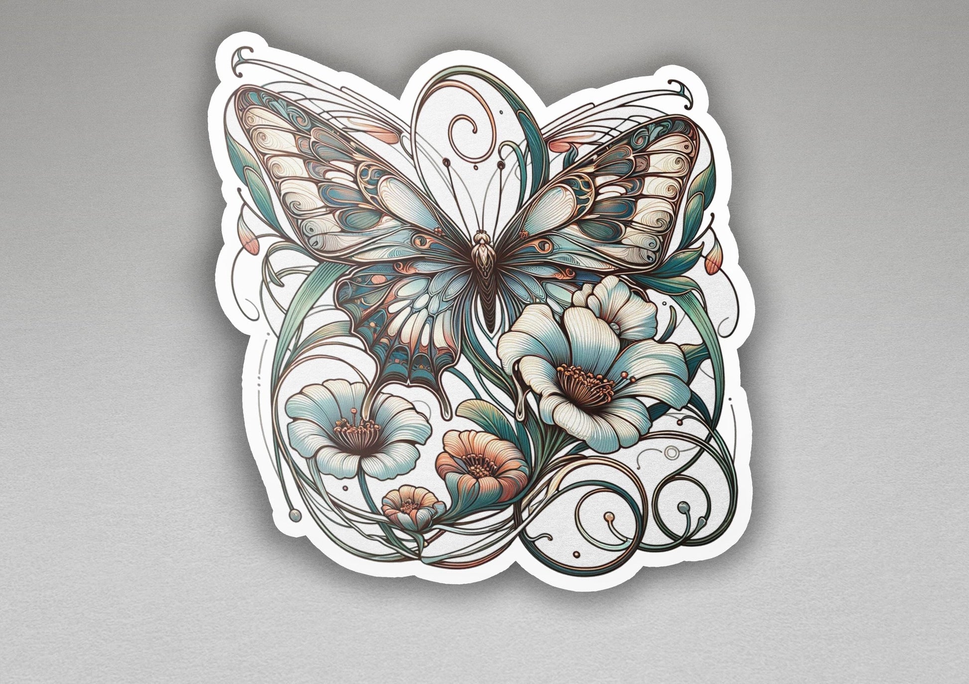 a sticker with a butterfly and flowers on it
