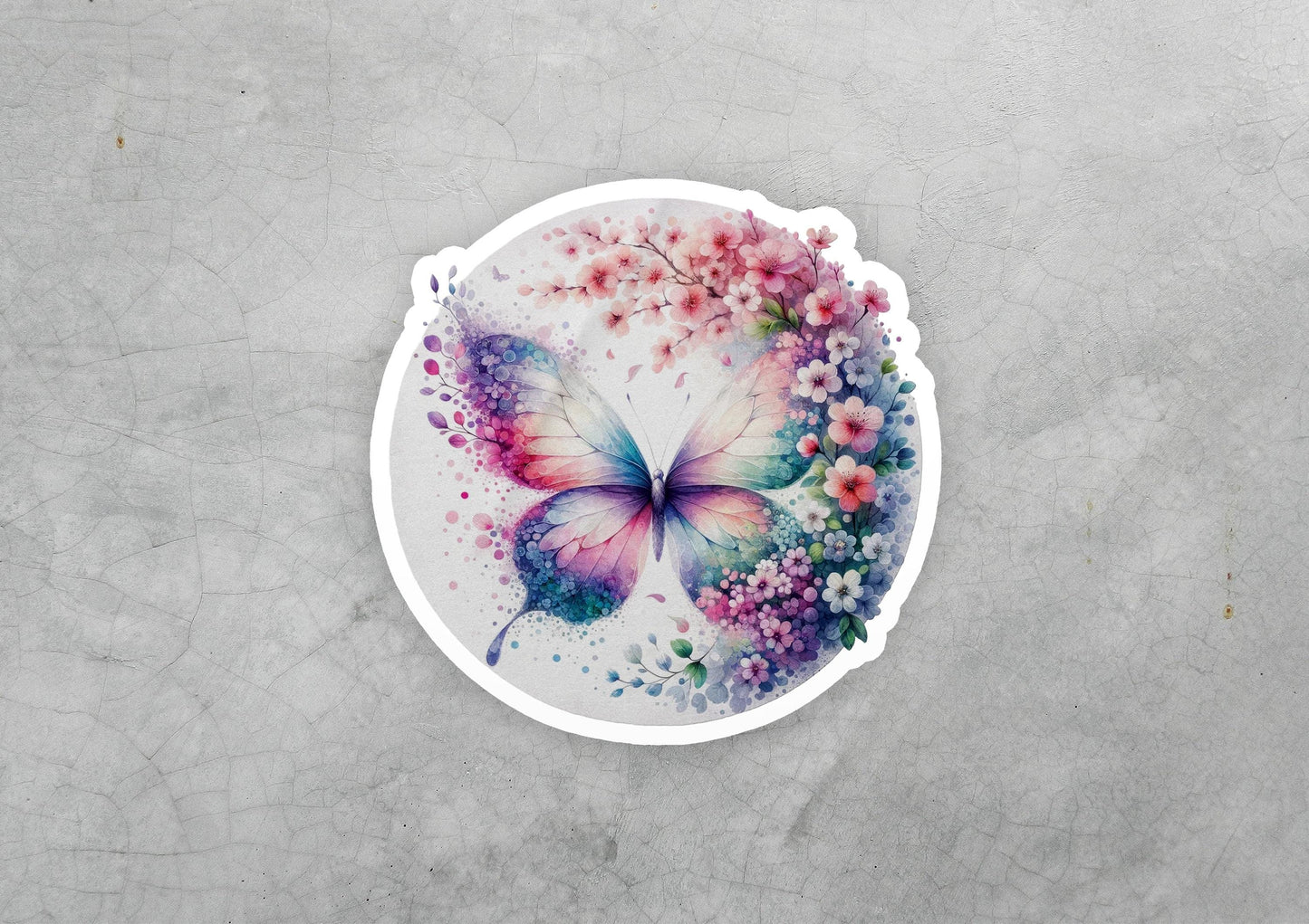 a sticker with a butterfly and flowers on it
