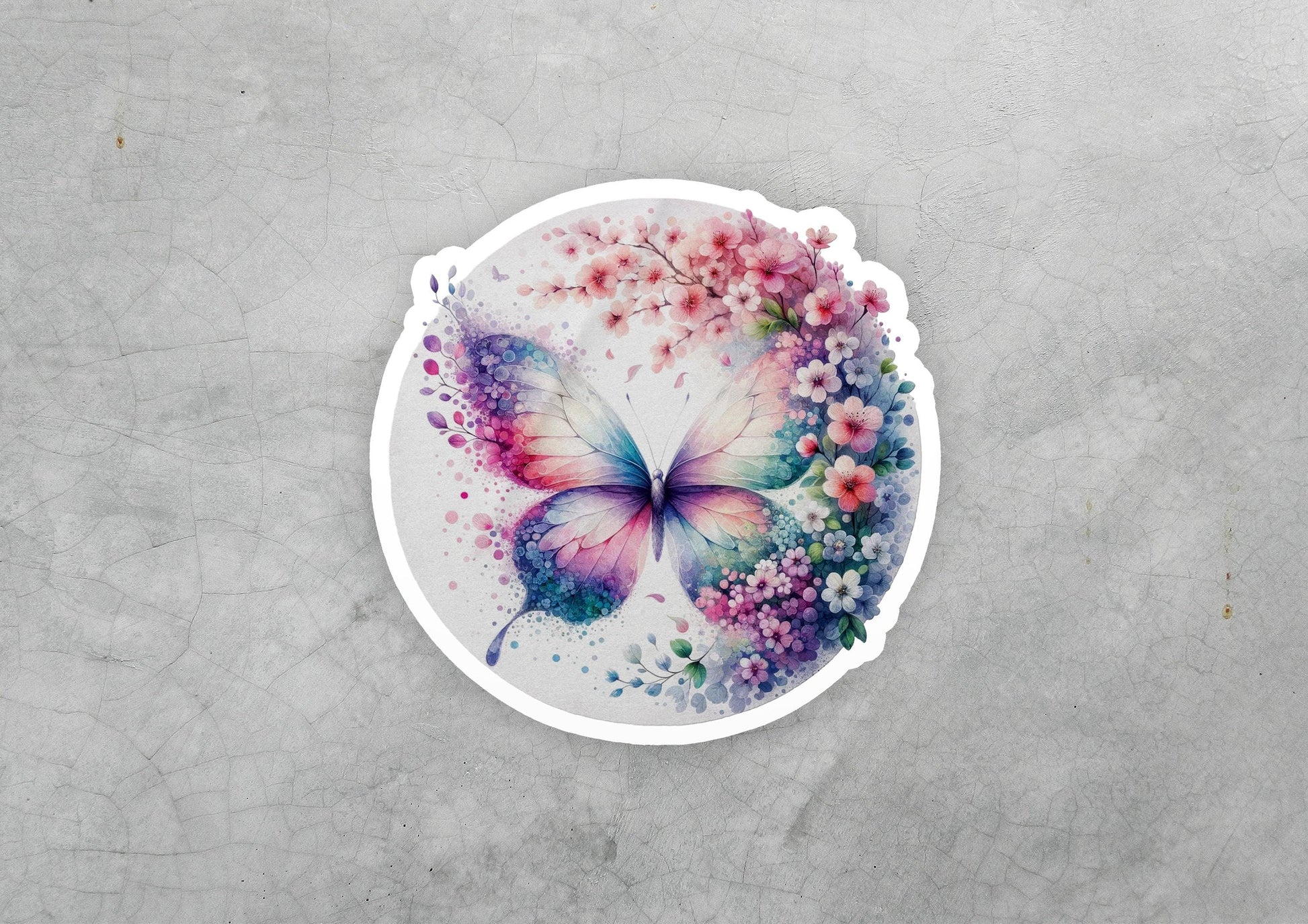 a sticker with a butterfly and flowers on it