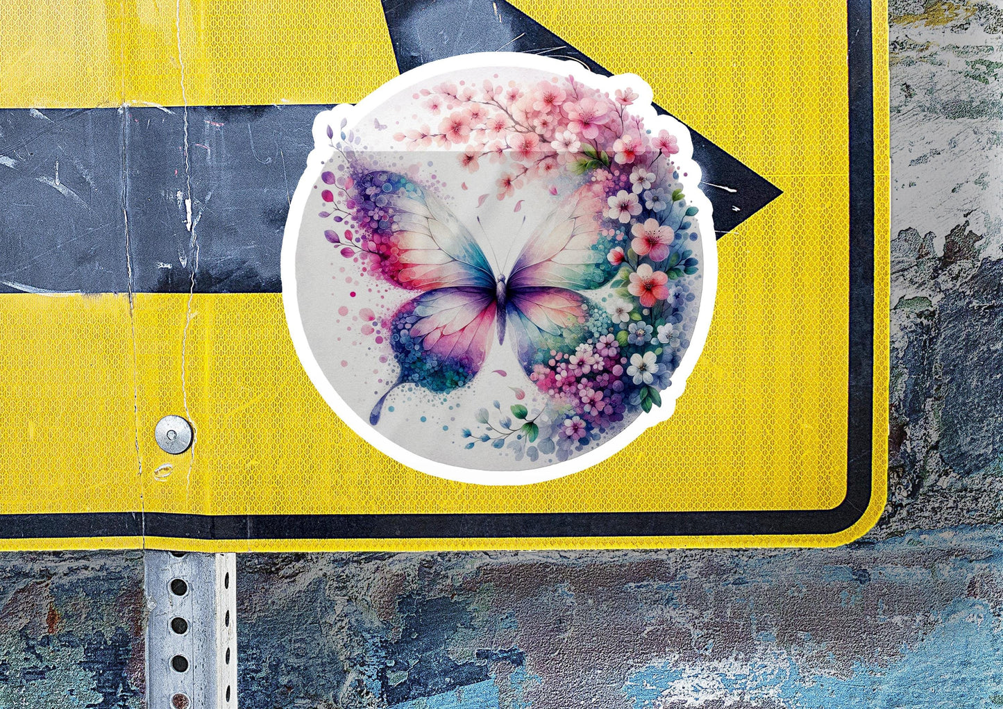 a close up of a street sign with a butterfly on it