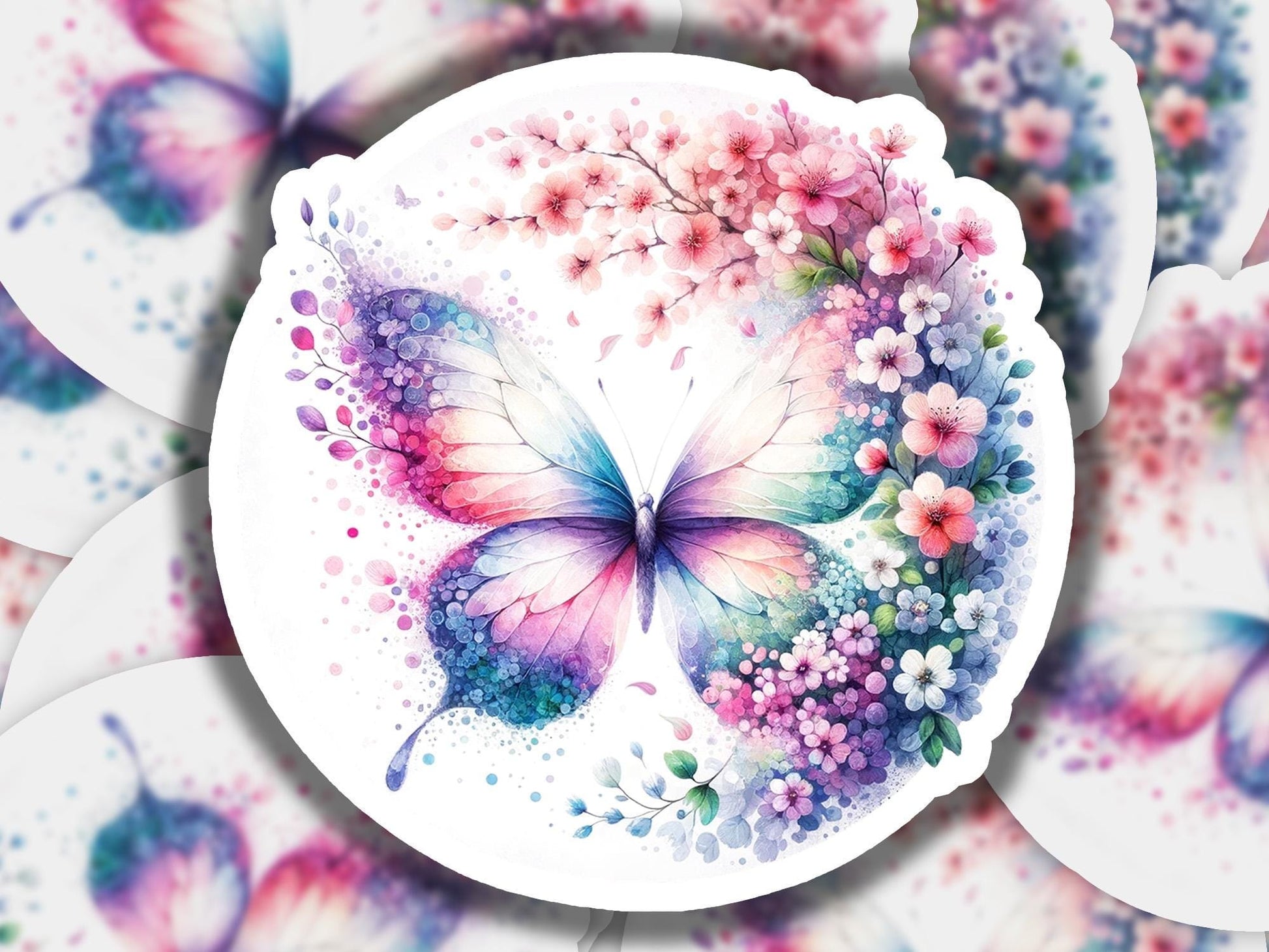 a watercolor painting of a butterfly surrounded by flowers