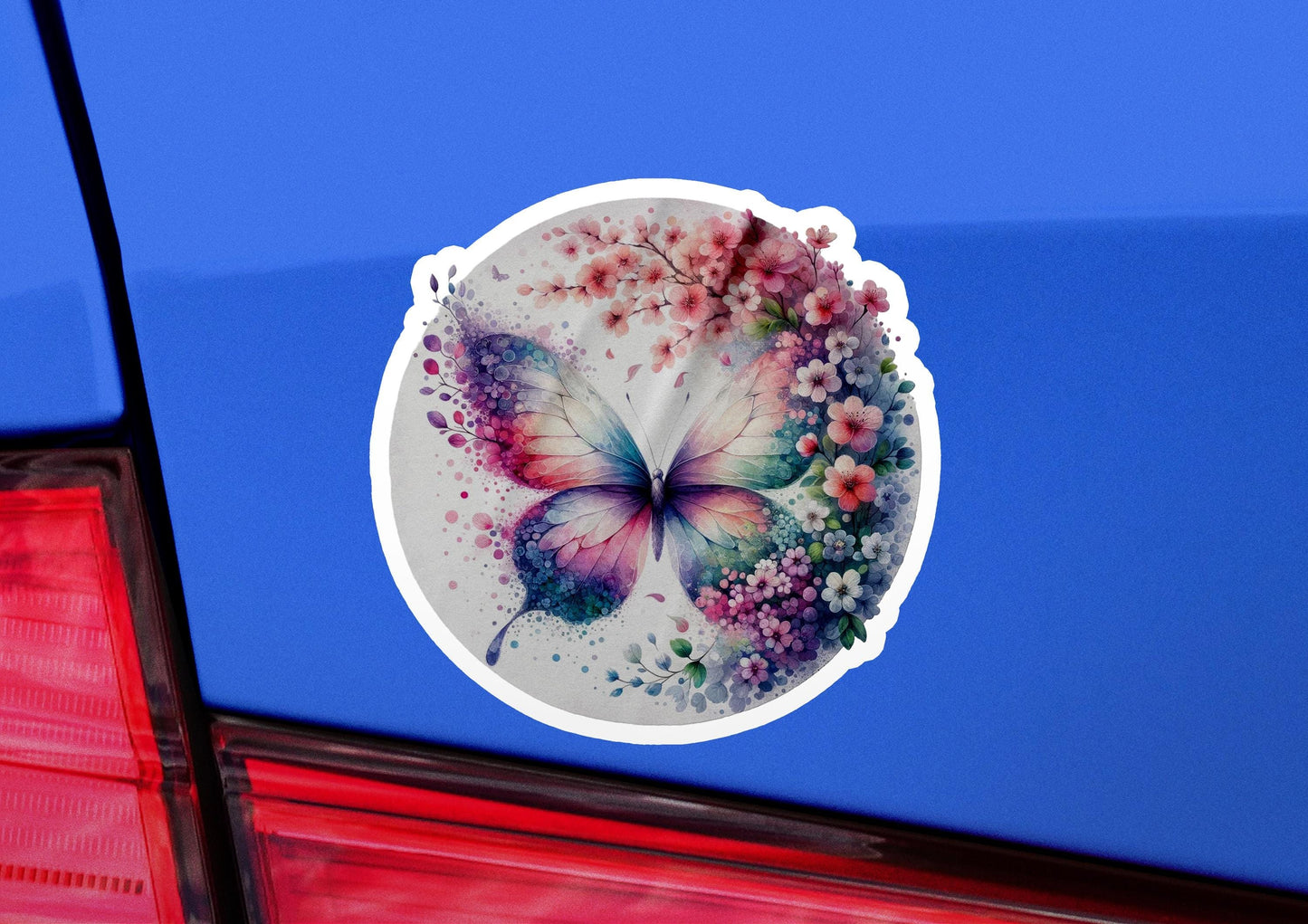a sticker of a butterfly with flowers on it