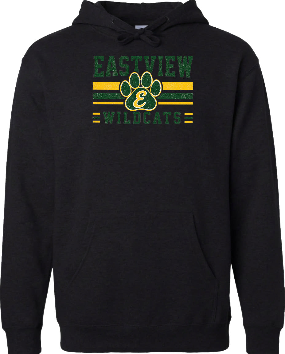A black hoodie with a graphic design featuring a paw print and the text "EASTVIEW WILDCATS" printed on it.