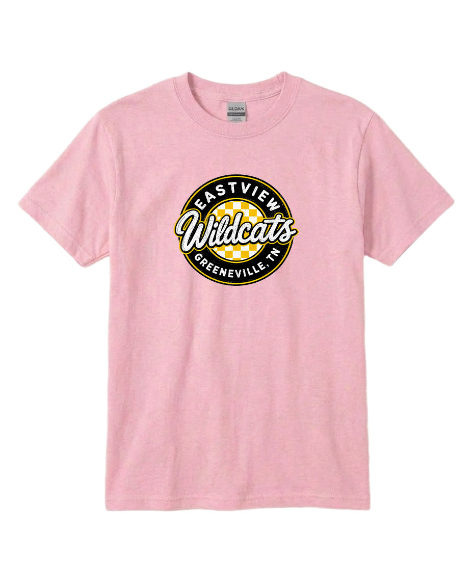 A pink t-shirt with a graphic design featuring the text "EASTVIEW Wildcats Greeneville, TN" in a circular pattern.