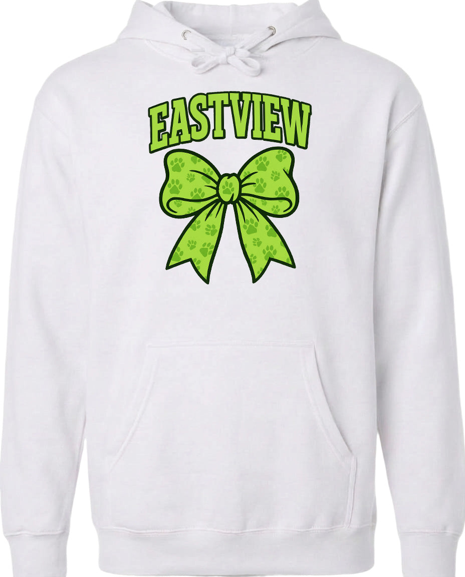 A white hoodie with a green bow and the word "EASTVIEW" printed on it.