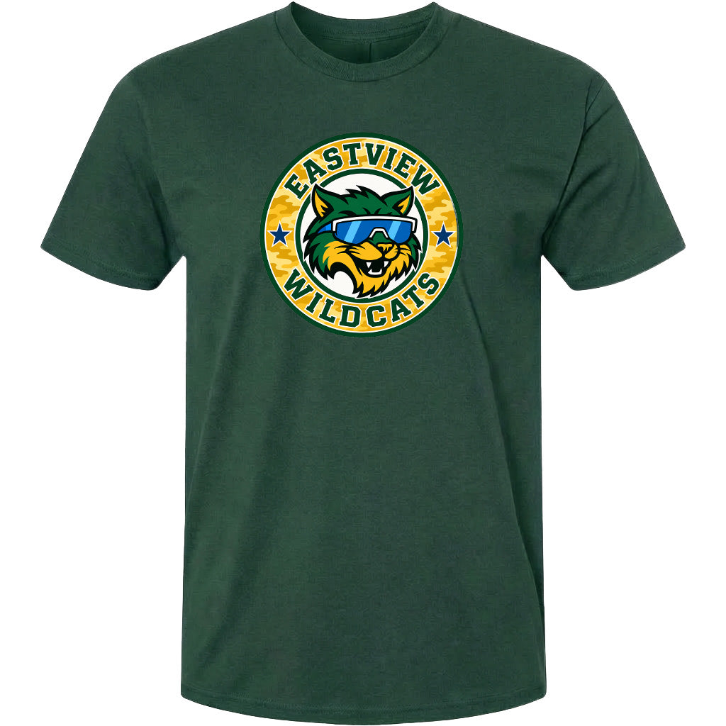 A green t-shirt with a graphic design featuring a cartoon-style cat wearing sunglasses and the text "EASTVIEW WILDCATS" around it.