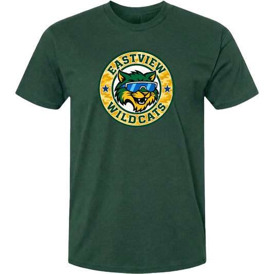 A green t-shirt with a graphic design featuring a cartoon-style cat wearing sunglasses and the text "EASTVIEW WILDCATS" around it.