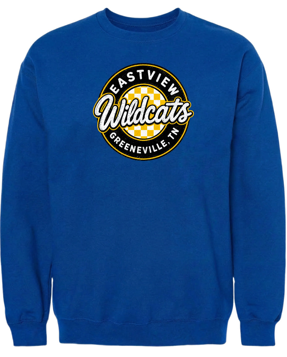 A blue sweatshirt with a logo that says "EASTVIEW WILDCATS GREENEVILLE TENN".
