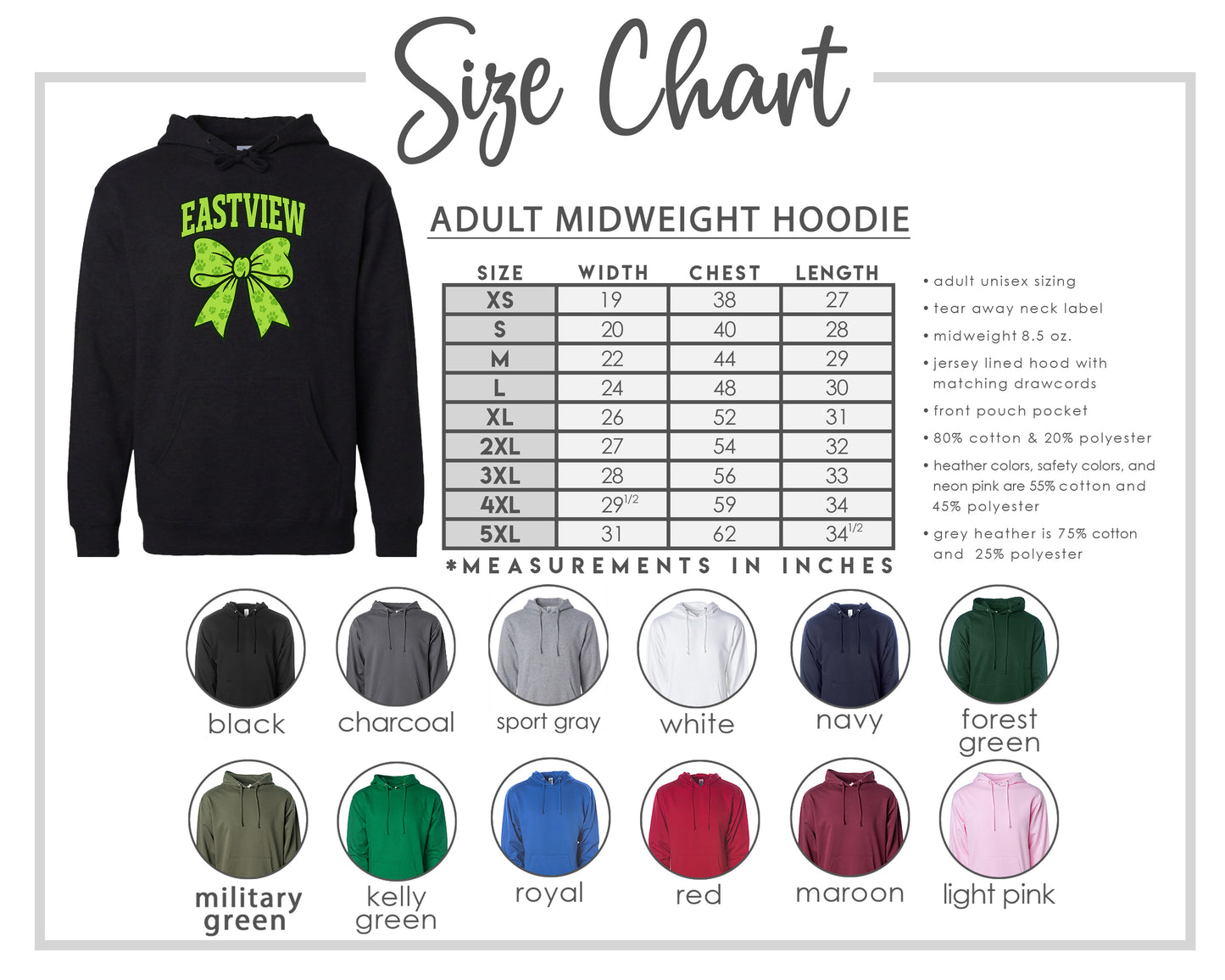 The image is a size chart for an adult midweight hoodie, including various color options and corresponding measurements in inches.