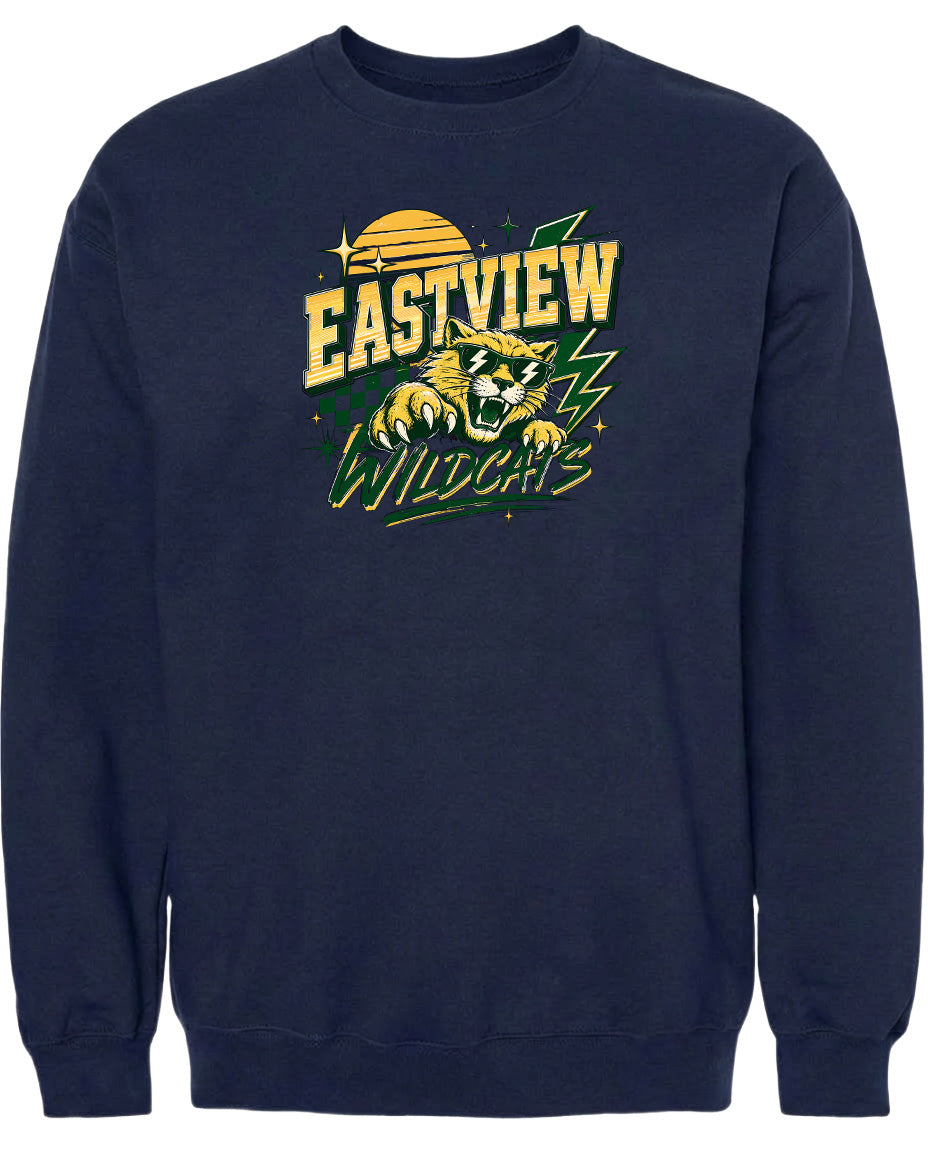 A navy blue sweatshirt with a graphic design featuring a tiger or panther-like creature and the text "EASTVIEW WILDCATS" printed on it.