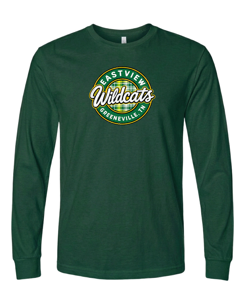 A dark green long-sleeved t-shirt with a circular logo on the front.