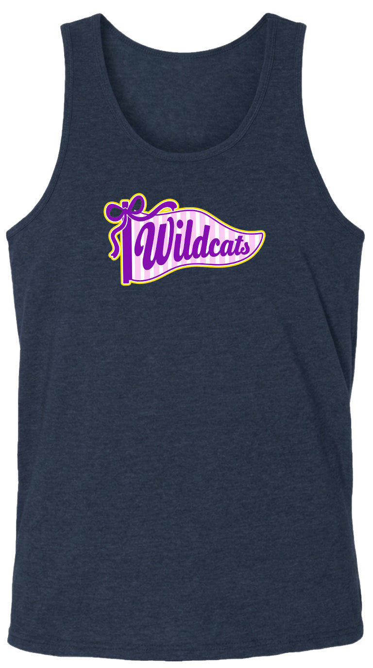 A navy blue tank top with a graphic design featuring the text "Wildcats" in purple and yellow colors.